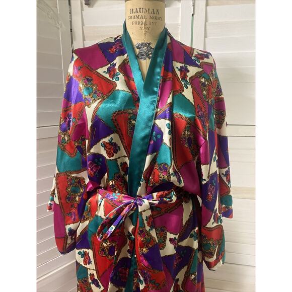 80s 90s Frederick's of Hollywood Satin Long Full Length Jewel Tone Robe Large - Picture 2 of 9